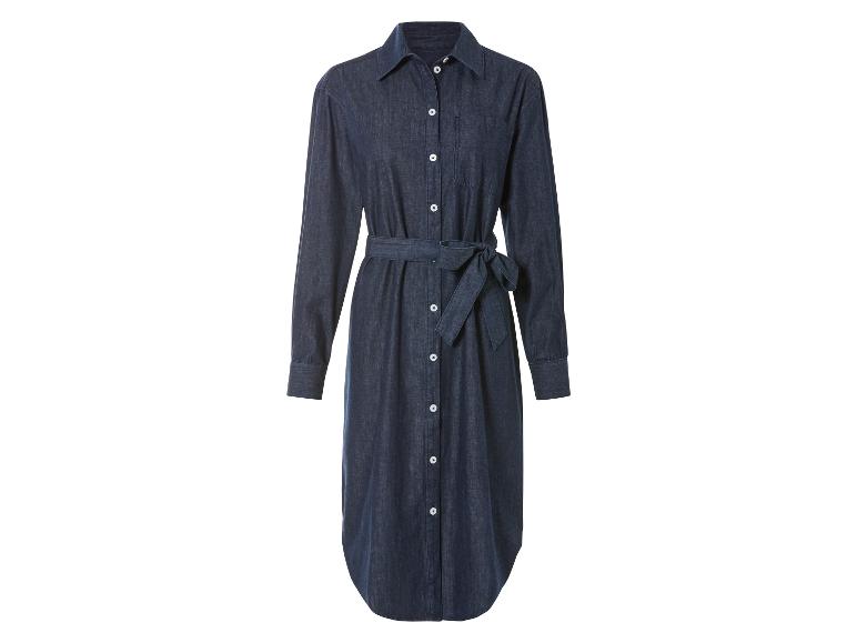 Une robe en jean bleu foncé à manches longues et une ceinture.