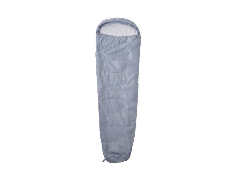 Sac de couchage gris avec capuche, isolé pour le camping et l'extérieur.
