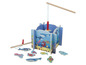 Jeu de pêche en bois avec des poissons magnétiques, y compris une baleine, un requin, un crabe et un calmar.