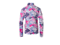 Haut à manches longues pour femme avec un motif abstrait rose, violet et blanc.