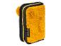 Trousse en peluche jaune avec fermeture éclair noire et pompon.