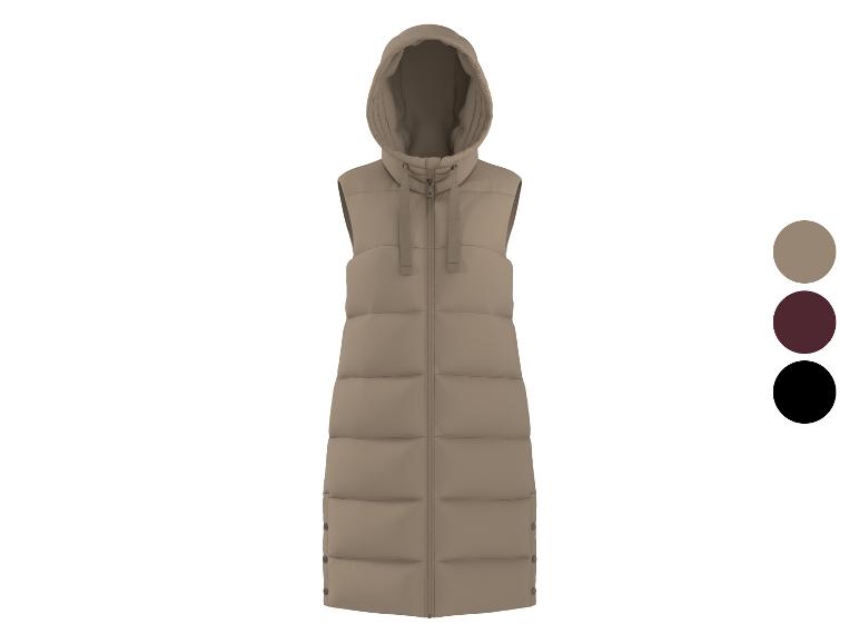 Longue doudoune sans manches à capuche beige, avec options de couleur marron, bordeaux et noir.