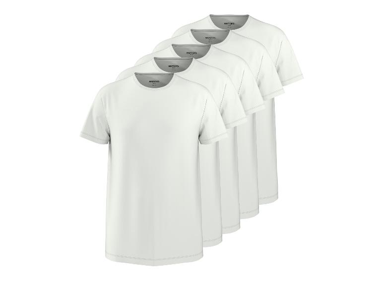 Lot de cinq t-shirts blancs à manches courtes pour homme, avec col rond et coutures grises.