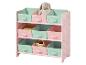 Meuble de rangement rose pour enfants avec motif floral et boîtes en tissu pastel.