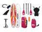 Paddleboard gonflable Mistral avec accessoires, y compris la pagaie, la pompe et le sac à dos.