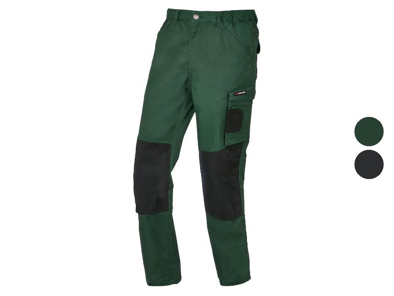 Pantalon de travail vert avec des genouillères noires et le logo Parkside.