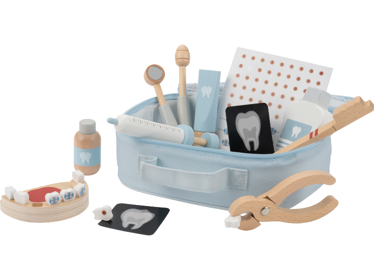 Kit de dentiste en bois avec dents, outils et sac en tissu bleu clair.