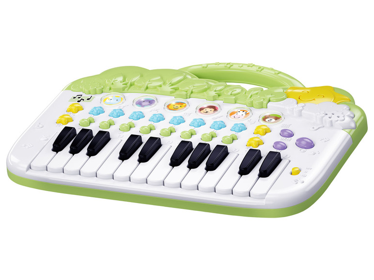 Un piano pour enfant vert avec des motifs d'animaux