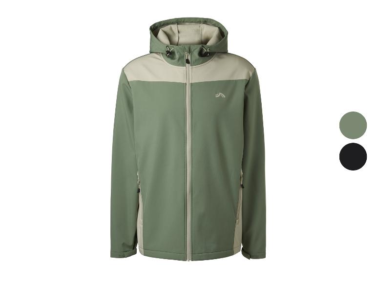 Veste softshell homme verte et beige avec capuche et fermeture éclair.