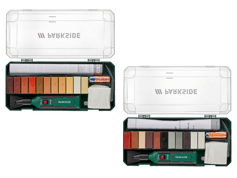Kit de réparation bois PARKSIDE avec bâtonnets de cire, outil de fusion et accessoires dans une mallette en plastique.