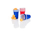 Des gobelets bleus et rouges pour le beer pong avec des balles de ping-pong.