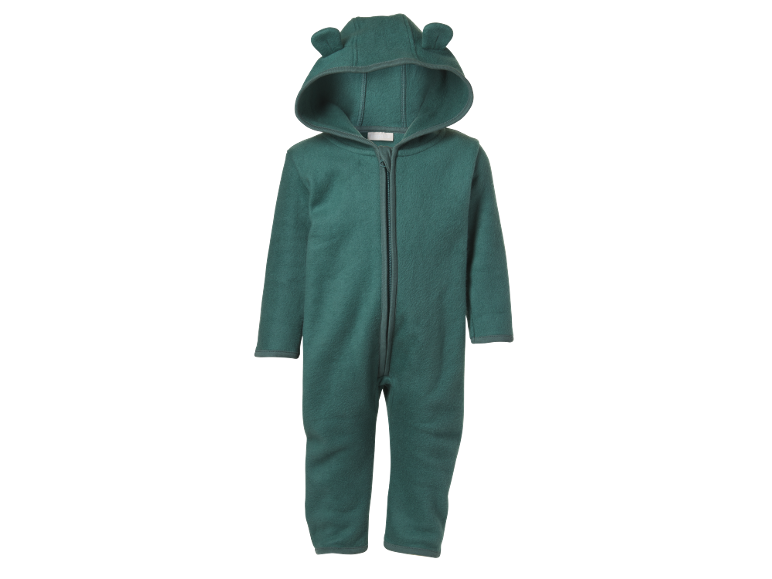 Combinaison bébé en polaire verte avec capuche et oreilles d'ours.