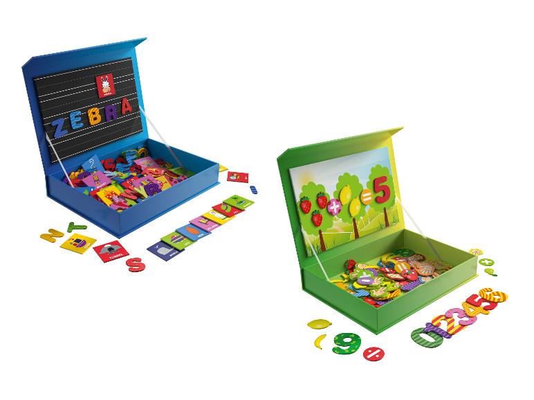 Jeux éducatifs magnétiques : lettres et chiffres colorés dans des boîtes.
