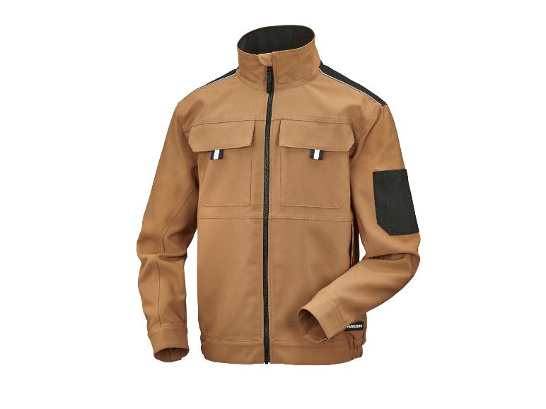 Une veste de travail Parkside marron avec fermeture éclair.