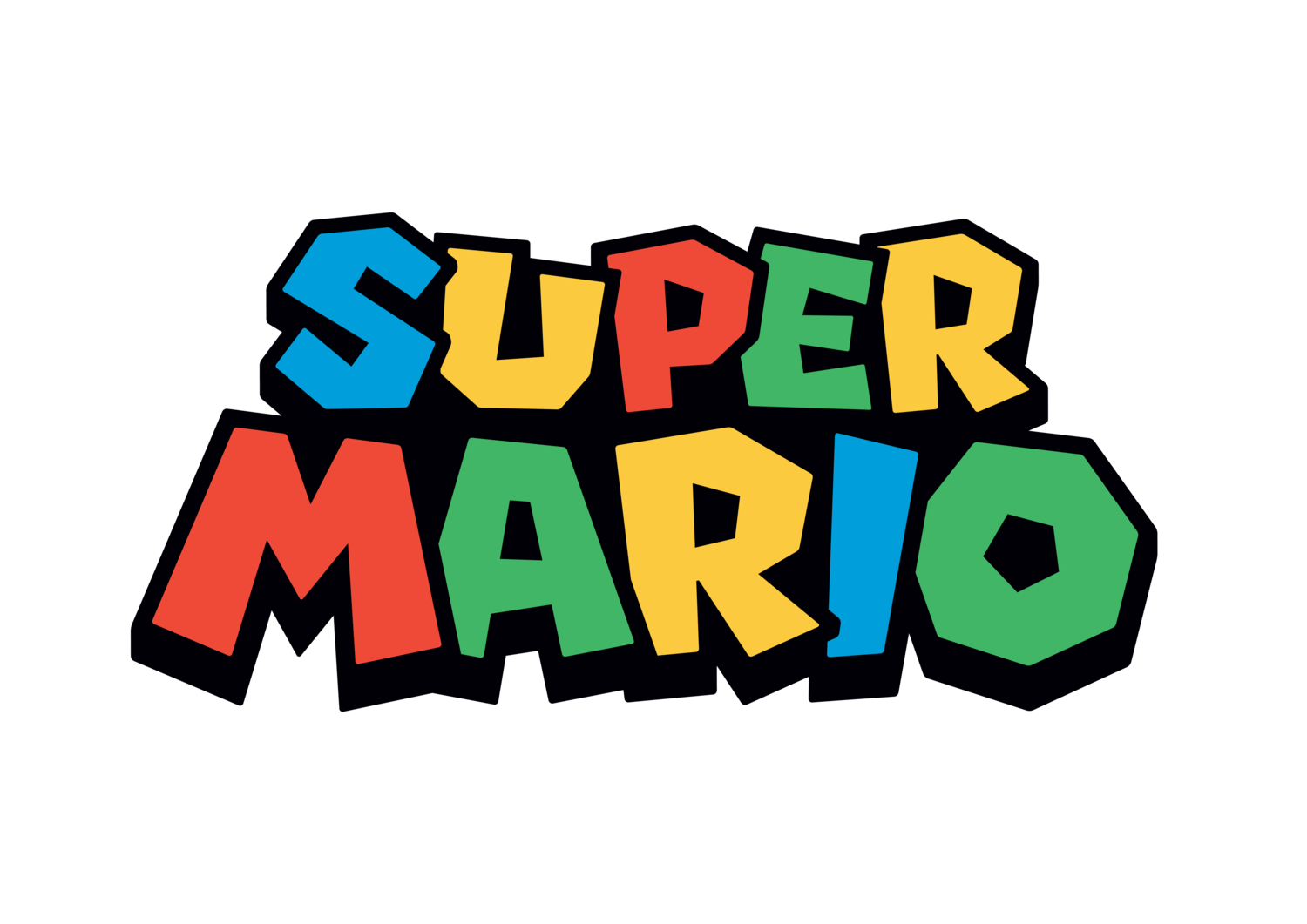 Logo coloré avec les mots 'SUPER MARIO' sur fond noir.
