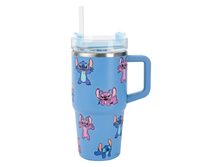 Mug thermique bleu avec anse et paille, avec les personnages Stitch et Angel