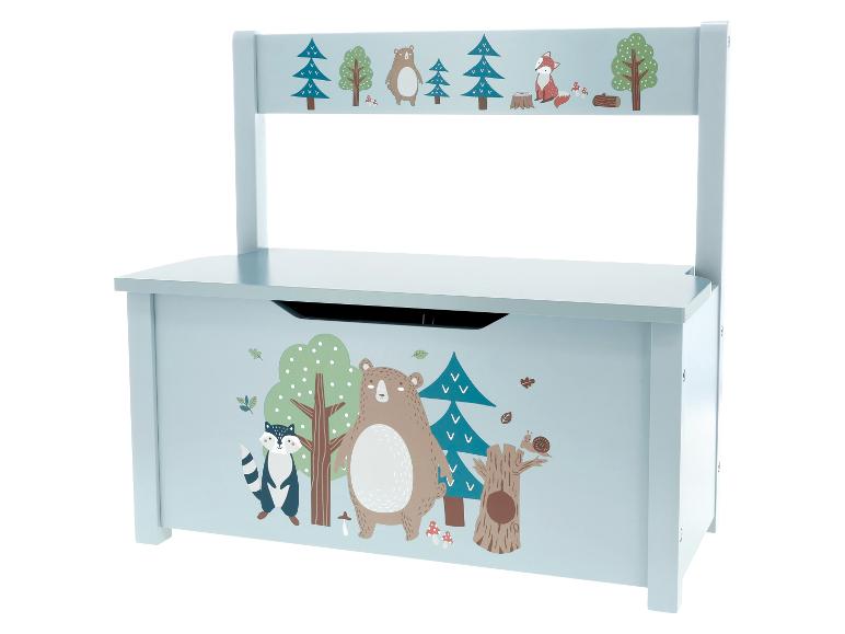Coffre à jouets bleu clair avec motif d'animaux de la forêt et dossier.