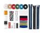 Kit de couture : fils, fermetures éclair, aiguilles et autres accessoires.