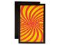 Une carte noire avec un motif en spirale rouge et jaune.