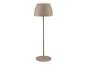 Lampadaire taupe avec un abat-jour en forme de cloche et une base ronde.