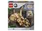 Boîte LEGO Jurassic World avec un crâne de Triceratops construit en briques et un squelette de dinosaure.