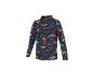 Haut à manches longues avec motif renard et montagne en rouge, bleu et blanc sur fond bleu foncé.