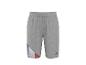 Short de survêtement gris avec détails à rayures bleues, blanches et rouges.