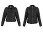 Deux vestes en similicuir noir, une style motard et une classique, sur fond blanc.