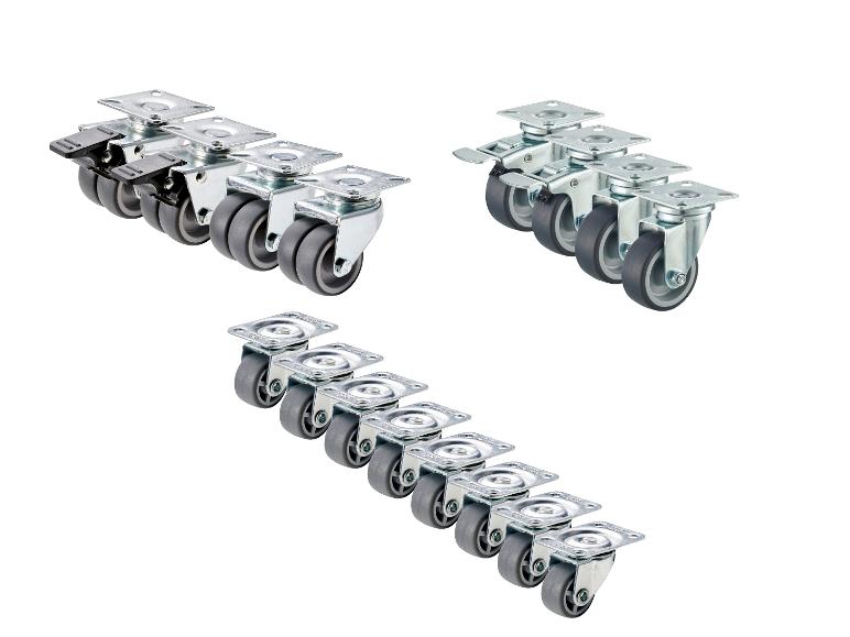 Ensemble de roulettes pivotantes avec et sans frein, avec roues grises et plaques de montage métalliques.