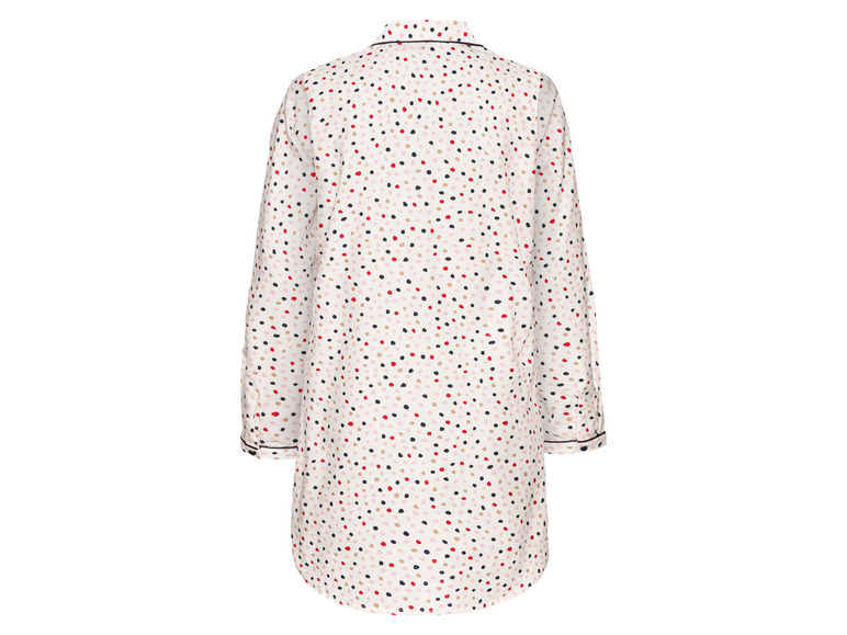 Chemise de nuit blanche à pois rouges, noirs et beiges.