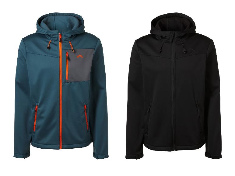 Deux vestes softshell à capuche pour hommes, une sarcelle avec des fermetures éclair orange et une noire.