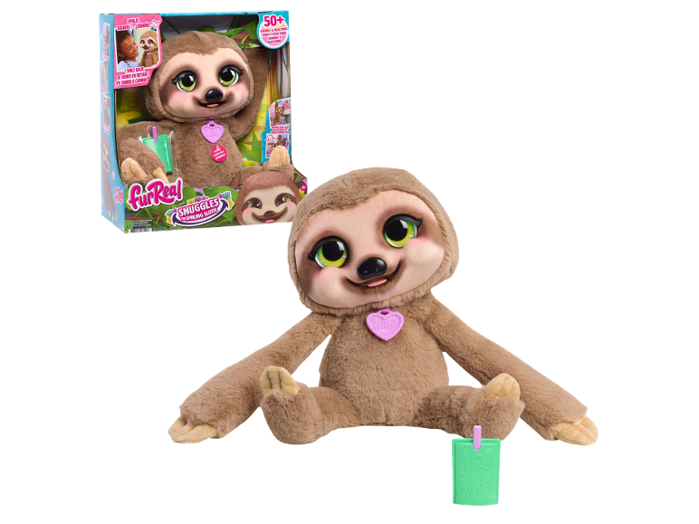 Peluche interactive paresseux avec accessoire dans et hors de sa boîte