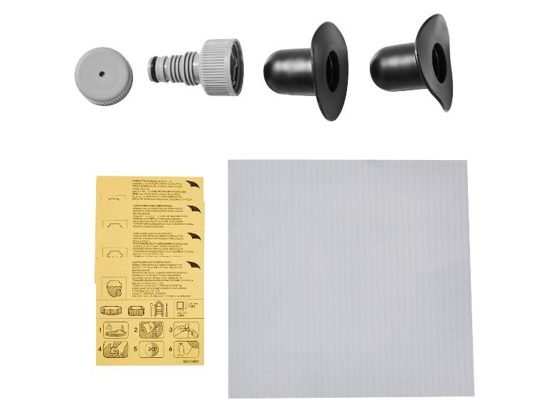 Accessoires de piscine avec rustines adhésives sous l'eau et raccords de tuyau.