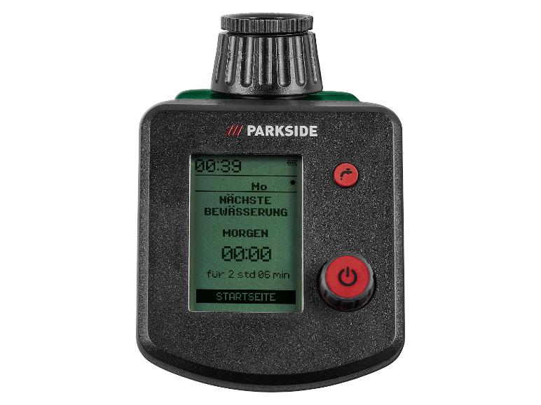 Minuteur d'arrosage PARKSIDE avec affichage numérique indiquant la prochaine irrigation.