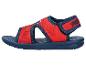 Sandales rouges et bleues pour enfants avec motif toile d'araignée et texte 'SPIDER' sur la sangle.