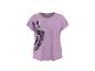 T-shirt femme lilas à manches courtes avec un motif léopard noir.