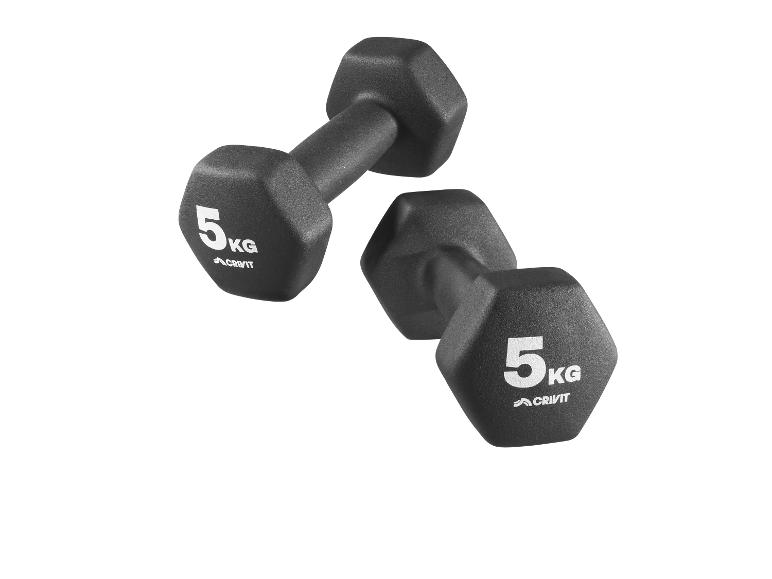 Deux haltères noirs de 5 kg avec le logo Crivit.