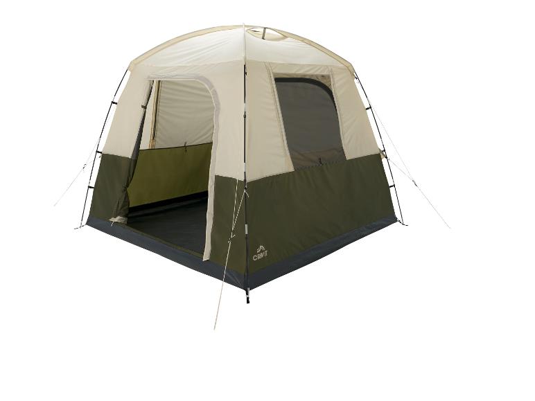 Tente de camping Crivit beige et vert olive avec une porte ouverte