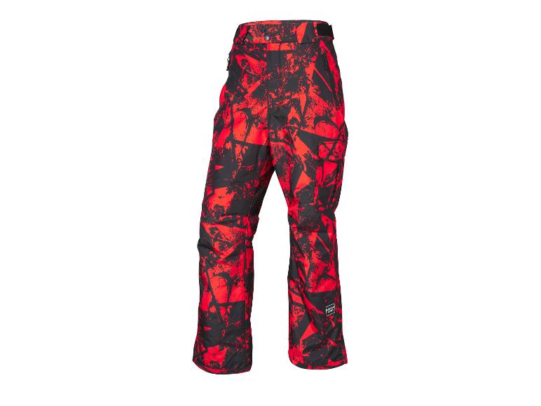 Pantalon de ski à motifs rouges et noirs.