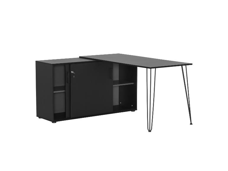 Bureau d'angle noir avec rangement et pieds épingles.