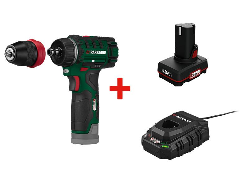 Perceuse sans fil Parkside avec batterie et chargeur.