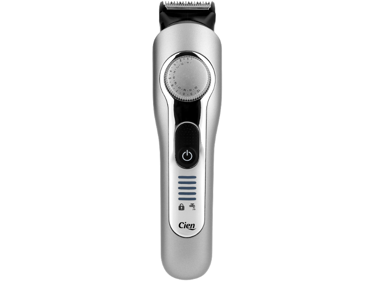 Tondeuse à barbe argentée avec molette de réglage, bouton marche/arrêt et voyants
