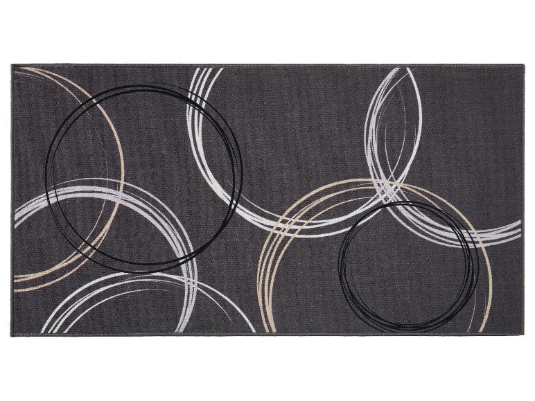 Tapis de cuisine gris avec motif de cercles blancs, beiges et noirs