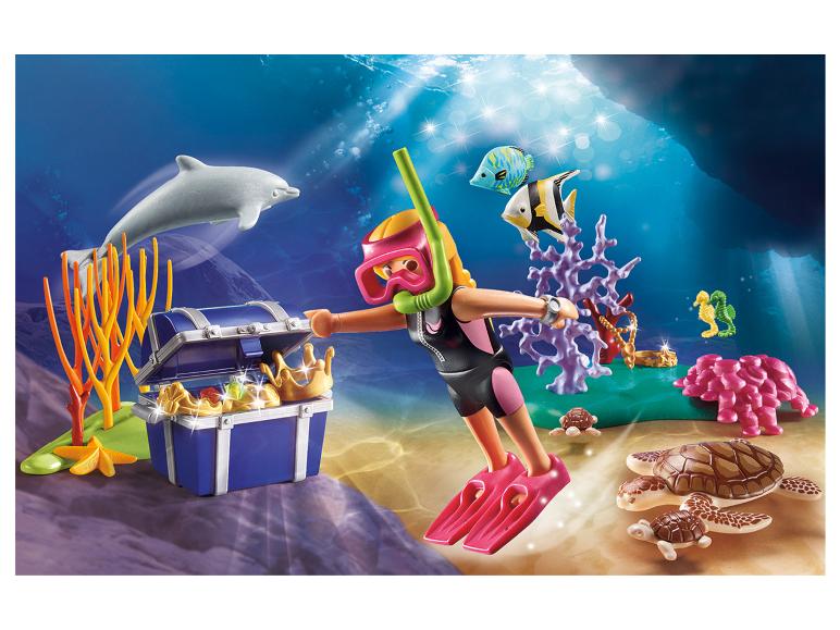 Ensemble de plongée Playmobil avec plongeur, dauphin, trésor et tortues marines.