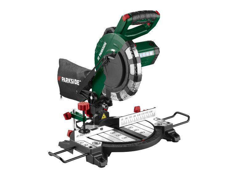 Scie à onglet Parkside avec sac à poussière et échelle de mesure.