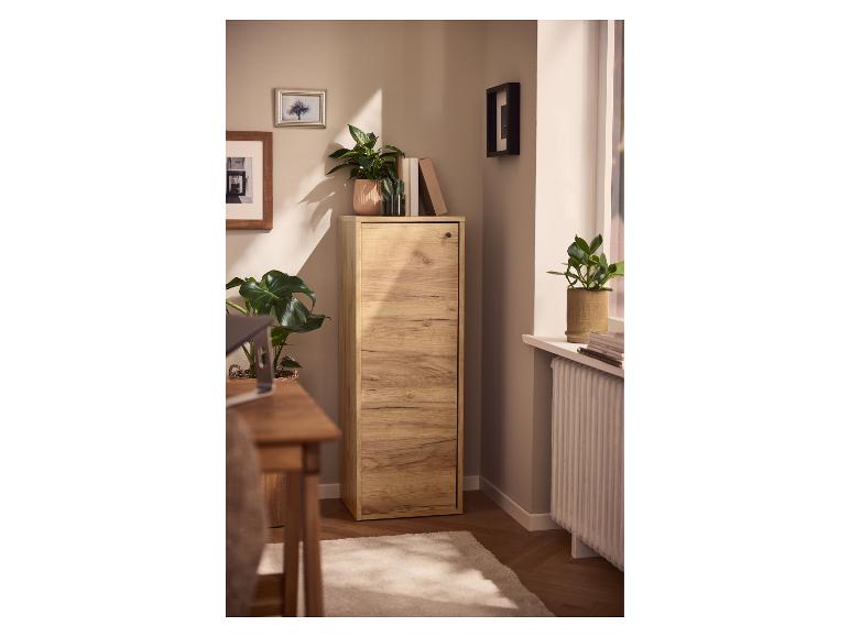 Armoire en bois avec plantes et cadres photo dans une pièce chaleureuse.