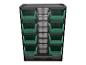 Étagère de rangement noire avec bacs verts et tiroirs transparents pour petits objets.