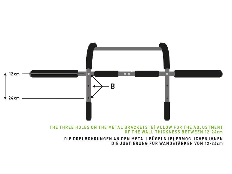 Barre de traction avec réglage de la largeur de prise et de l'épaisseur du mur.