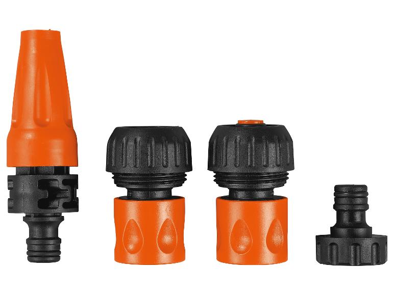Ensemble de raccords de tuyau d'arrosage et de buse orange et noirs.