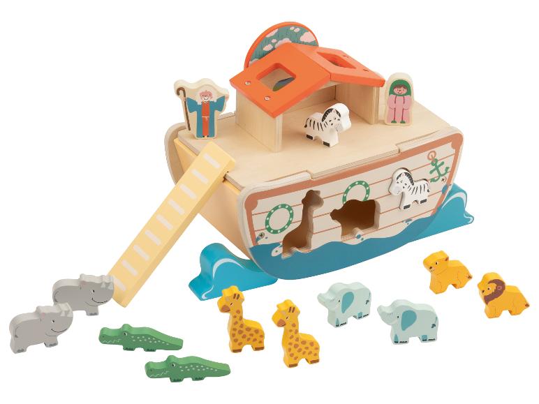 Jouet en bois Arche de Noé avec figurines d'animaux et de personnes.